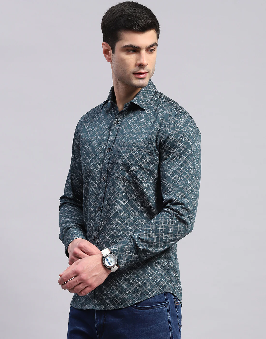 Men Green Printed Collar Full Sleeve Shirt - Image 4