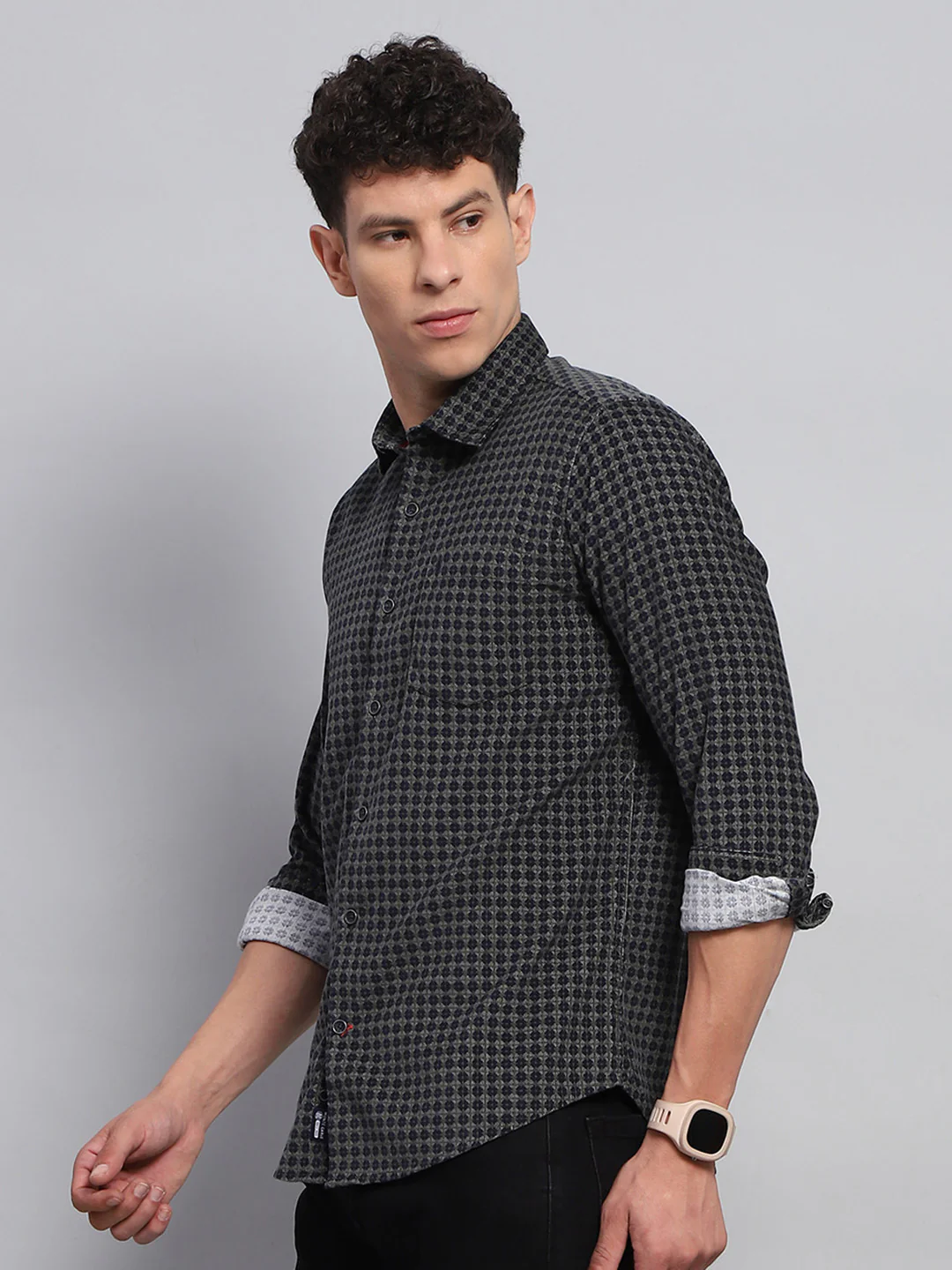 Men Green Printed Collar Full Sleeve Shirt - Image 3