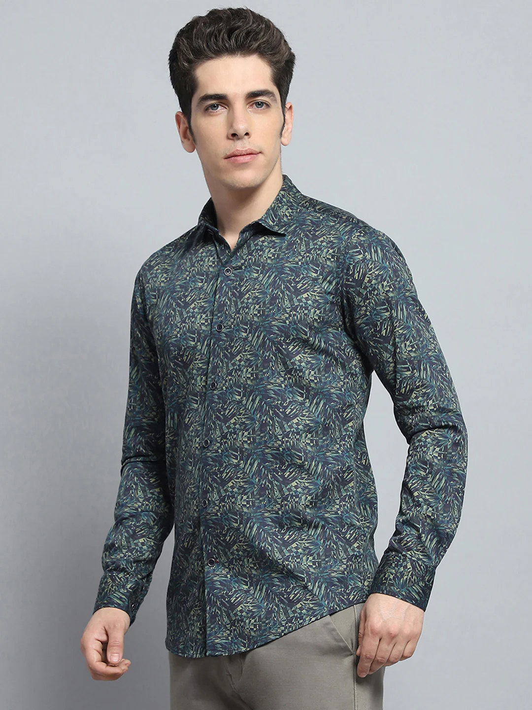 Men Green Printed Collar Full Sleeve Shirt - Image 3