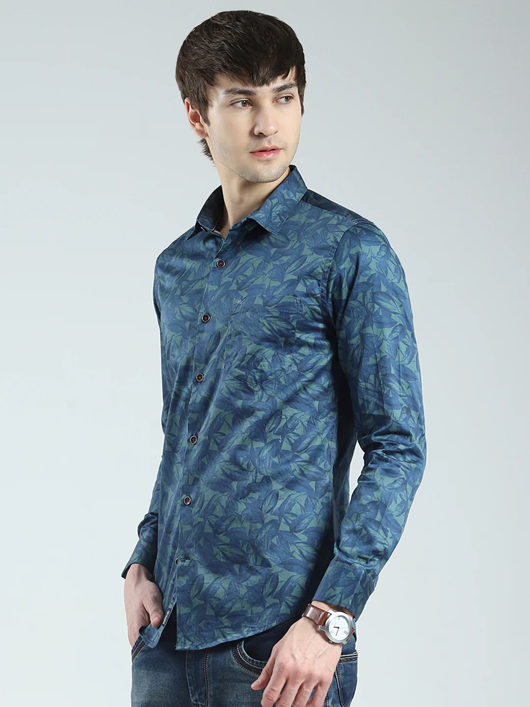 Men Green Printed Collar Full Sleeve Shirt - Image 3