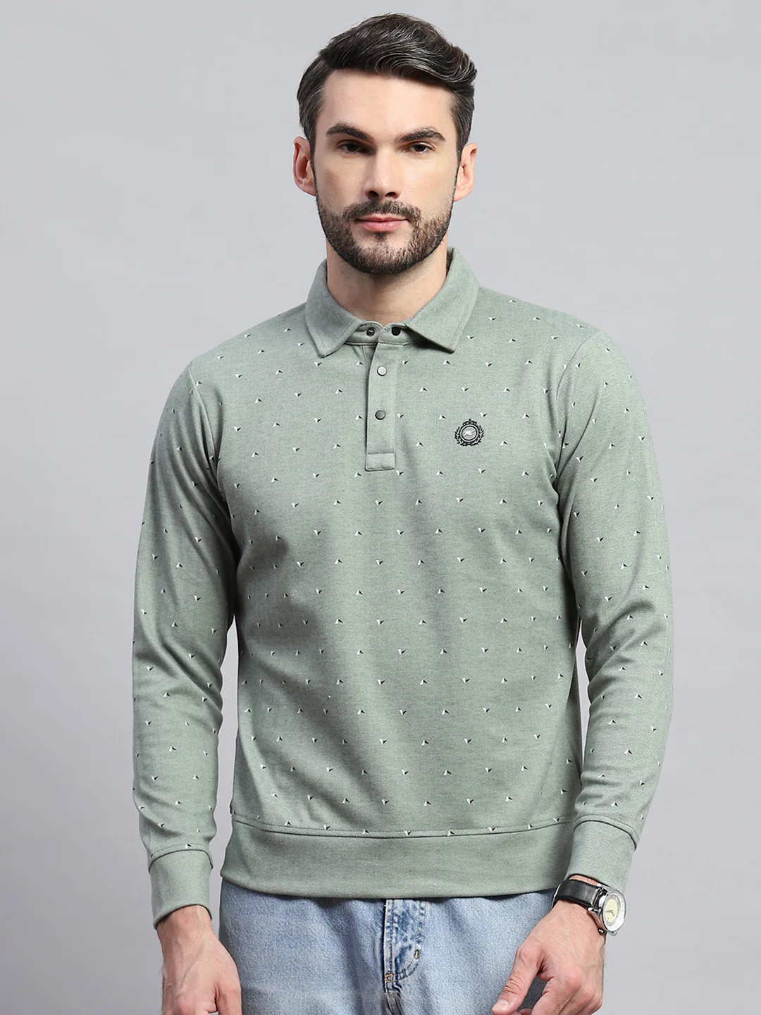 Men Green Printed Collar Full Sleeve Sweatshirt - Image 2