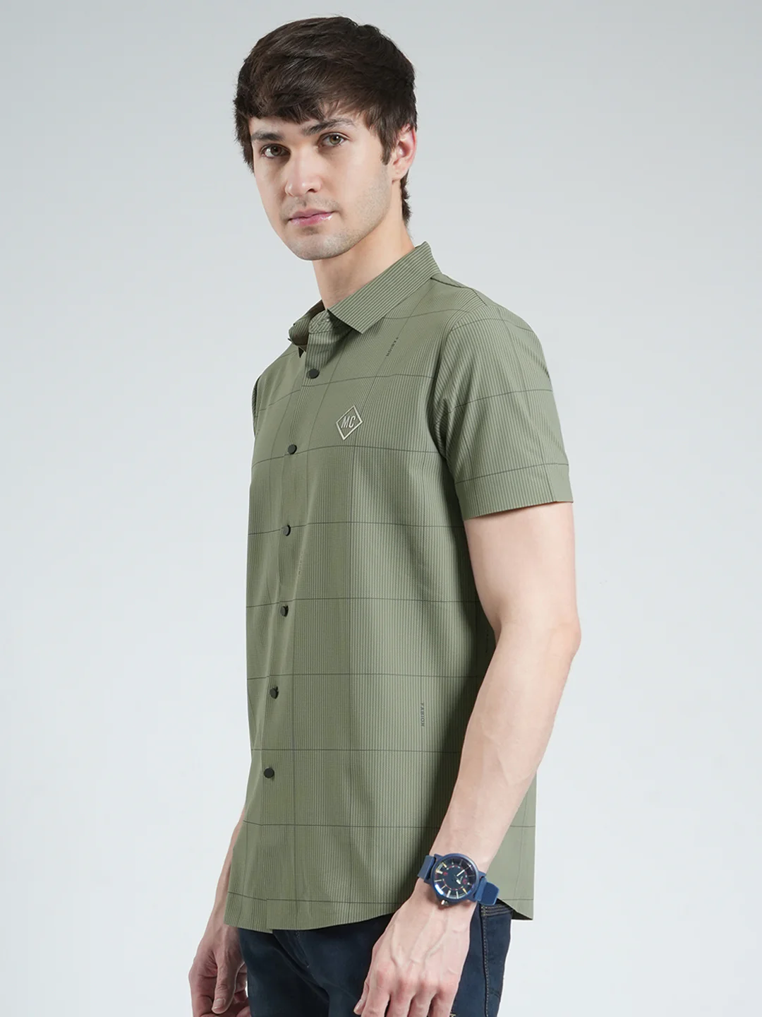 Men Green Printed Collar Half Sleeve Shirt - Image 3