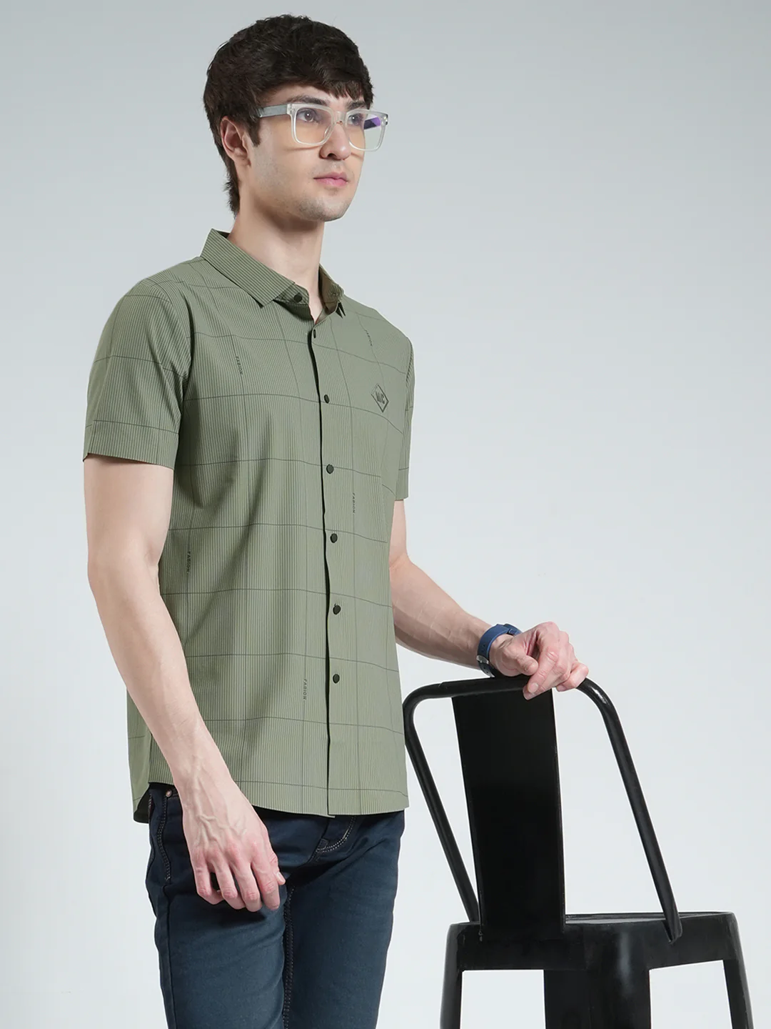 Men Green Printed Collar Half Sleeve Shirt - Image 6
