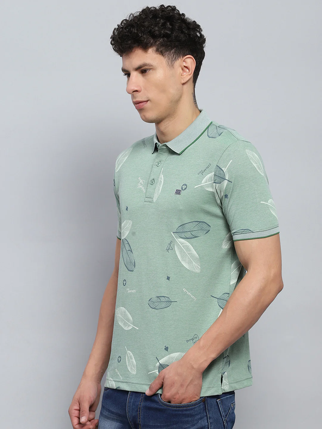 Men Green Printed Collar Half Sleeve T-Shirt - Image 3
