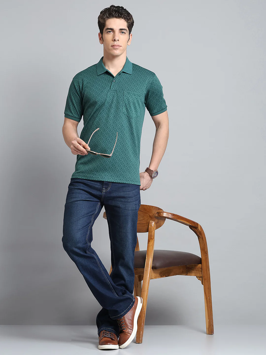 Men Green Printed Collar Half Sleeve T-Shirt - Image 2