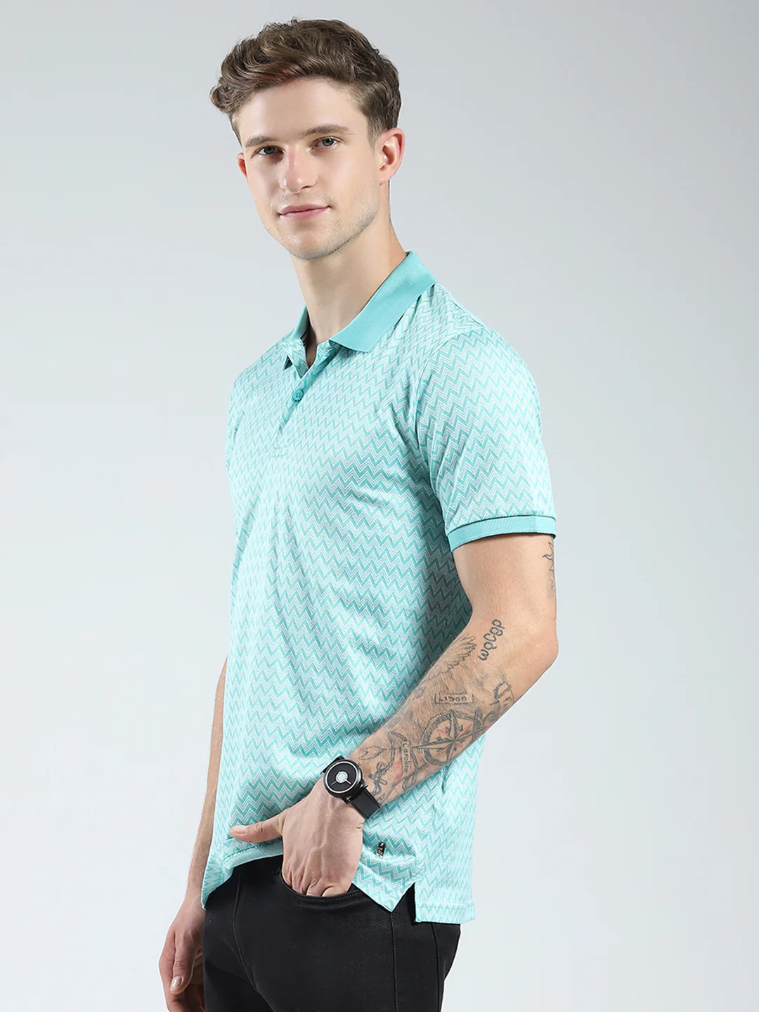 Men Green Printed Collar Half Sleeve T-Shirt - Image 3