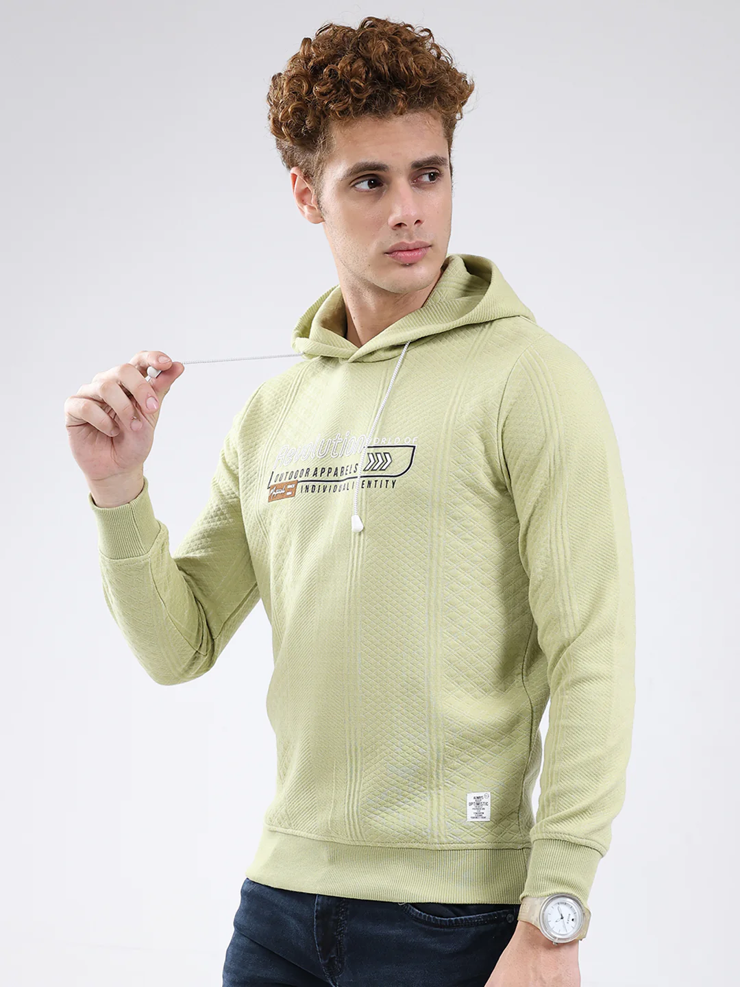 Men Green Printed Hooded Full Sleeve Sweatshirt - Image 3