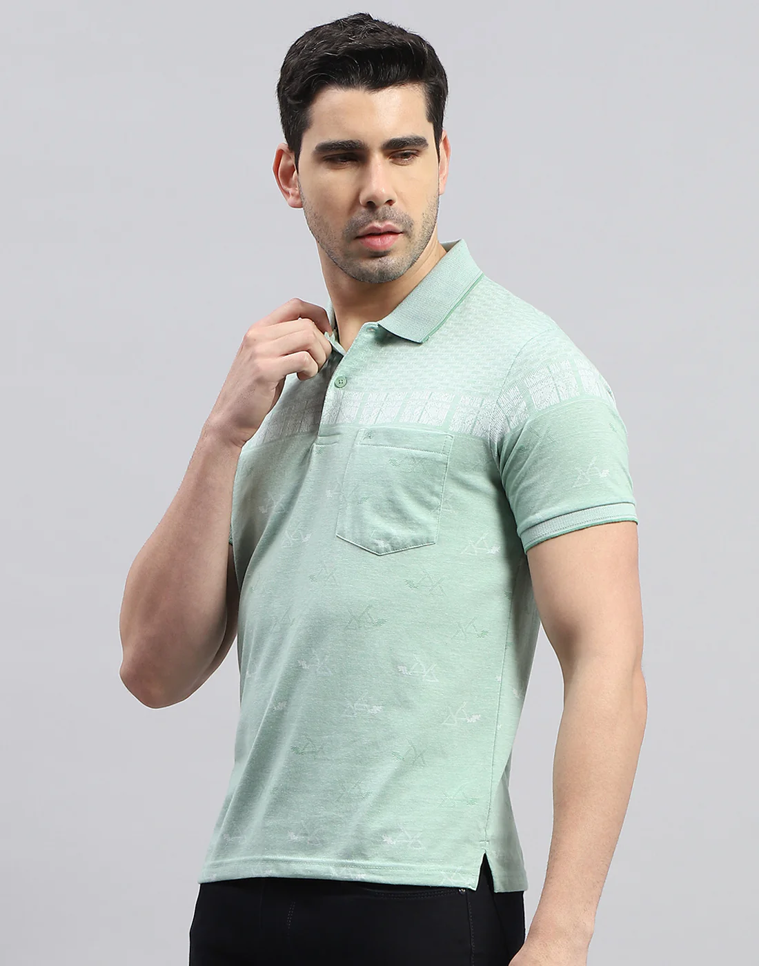 Men Green Printed Polo Collar Half Sleeve T-Shirt - Image 3
