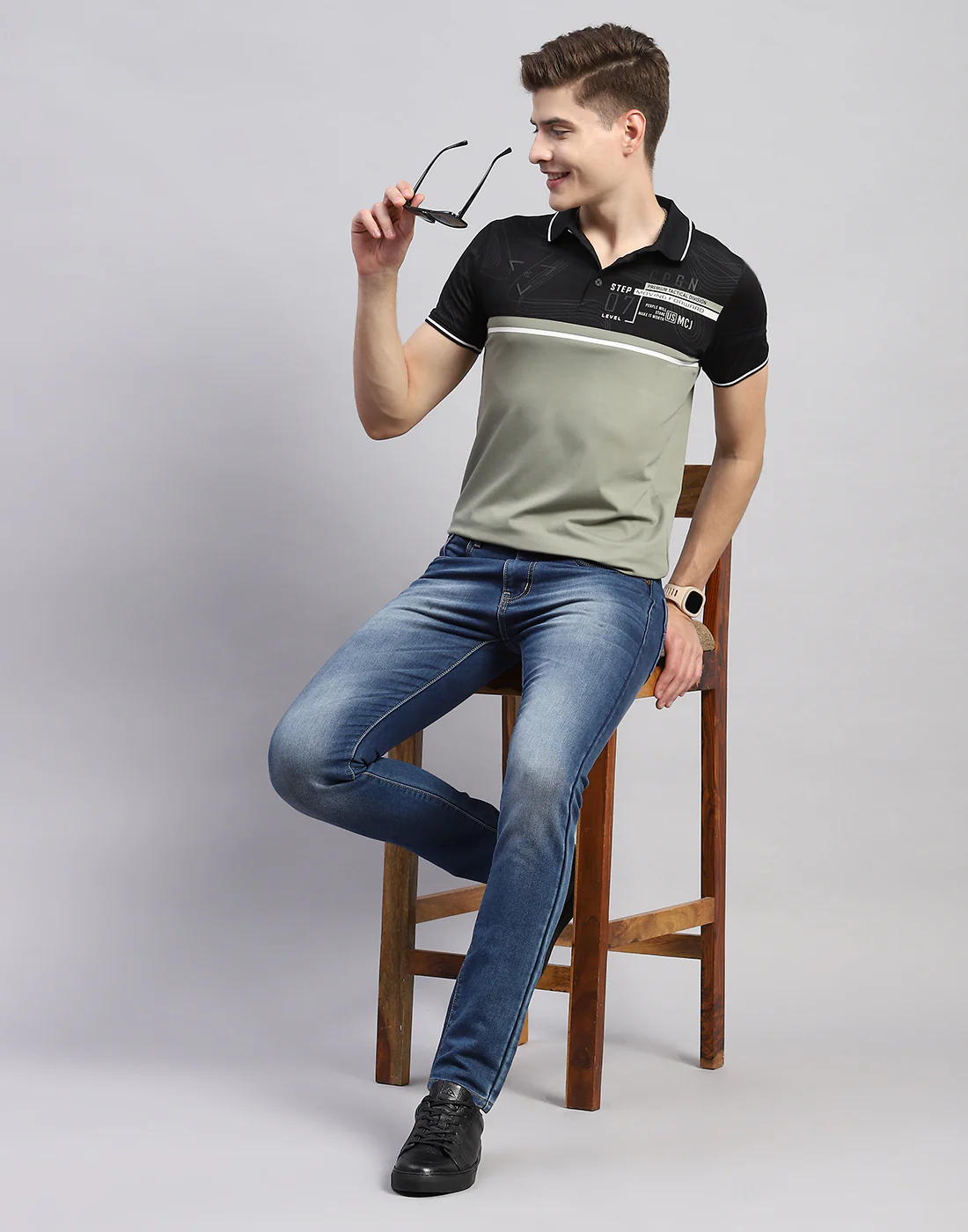 Men Green Printed Polo Collar Half Sleeve T-Shirt - Image 2