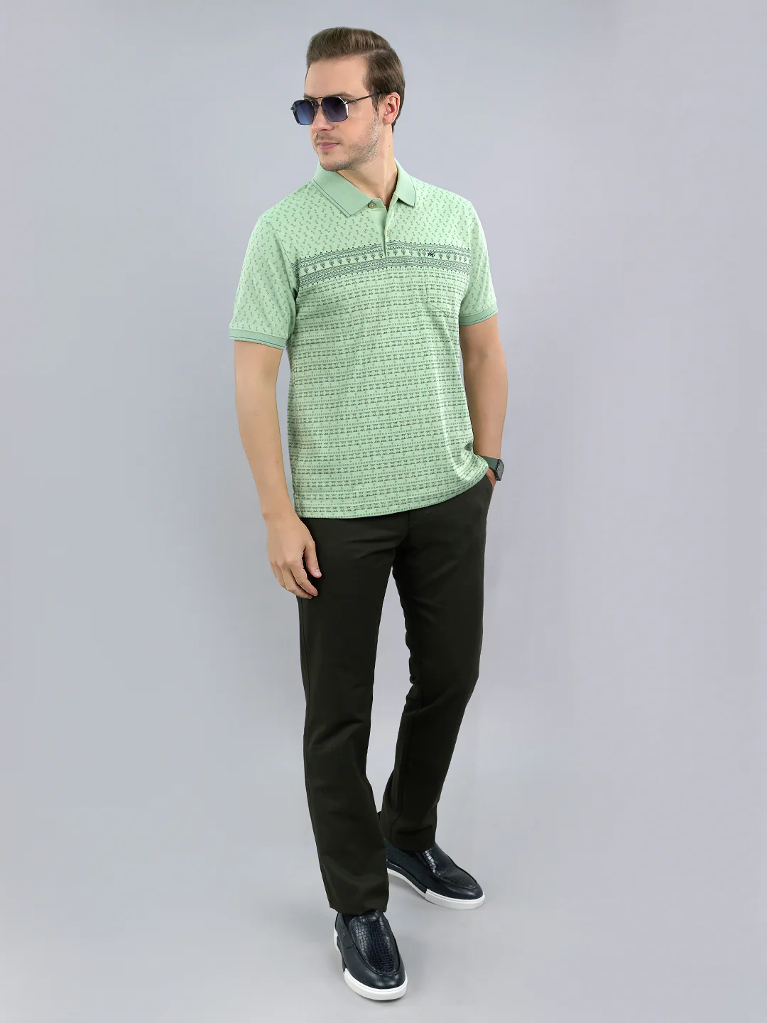 Men Green Printed Polo Collar Half Sleeve T-Shirt - Image 6