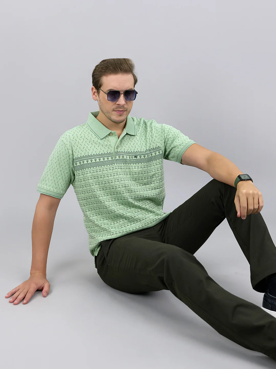 Men Green Printed Polo Collar Half Sleeve T-Shirt - Image 7