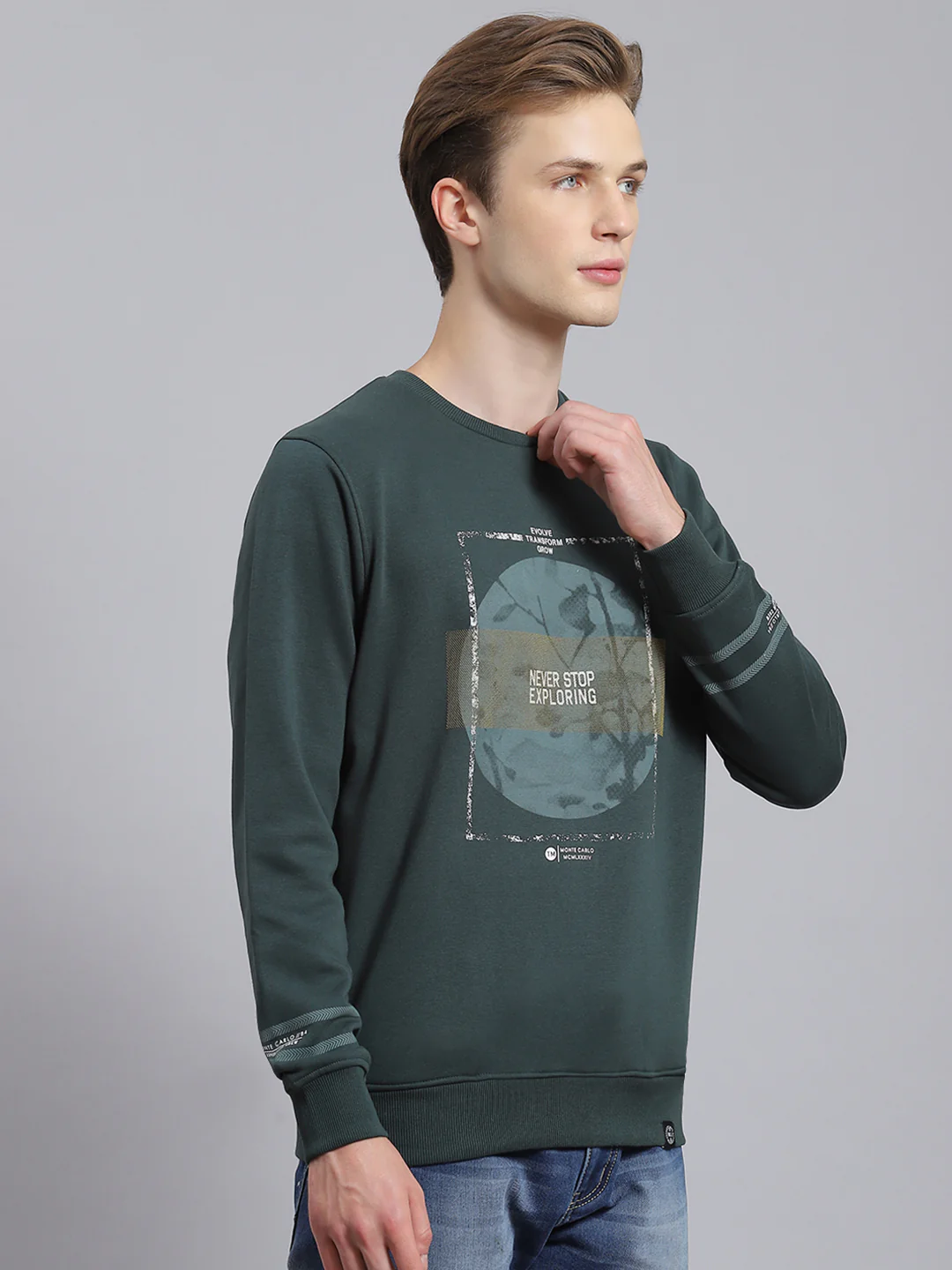 Men Green Printed Round Neck Full Sleeve Sweatshirt - Image 3
