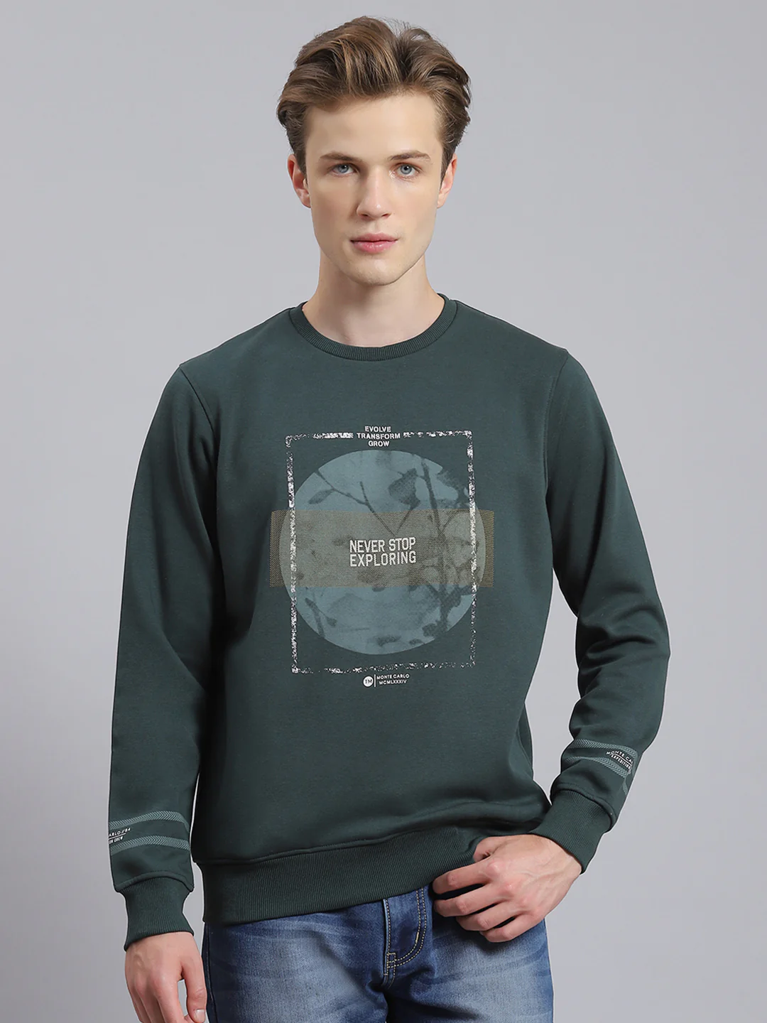 Men Green Printed Round Neck Full Sleeve Sweatshirt - Image 5