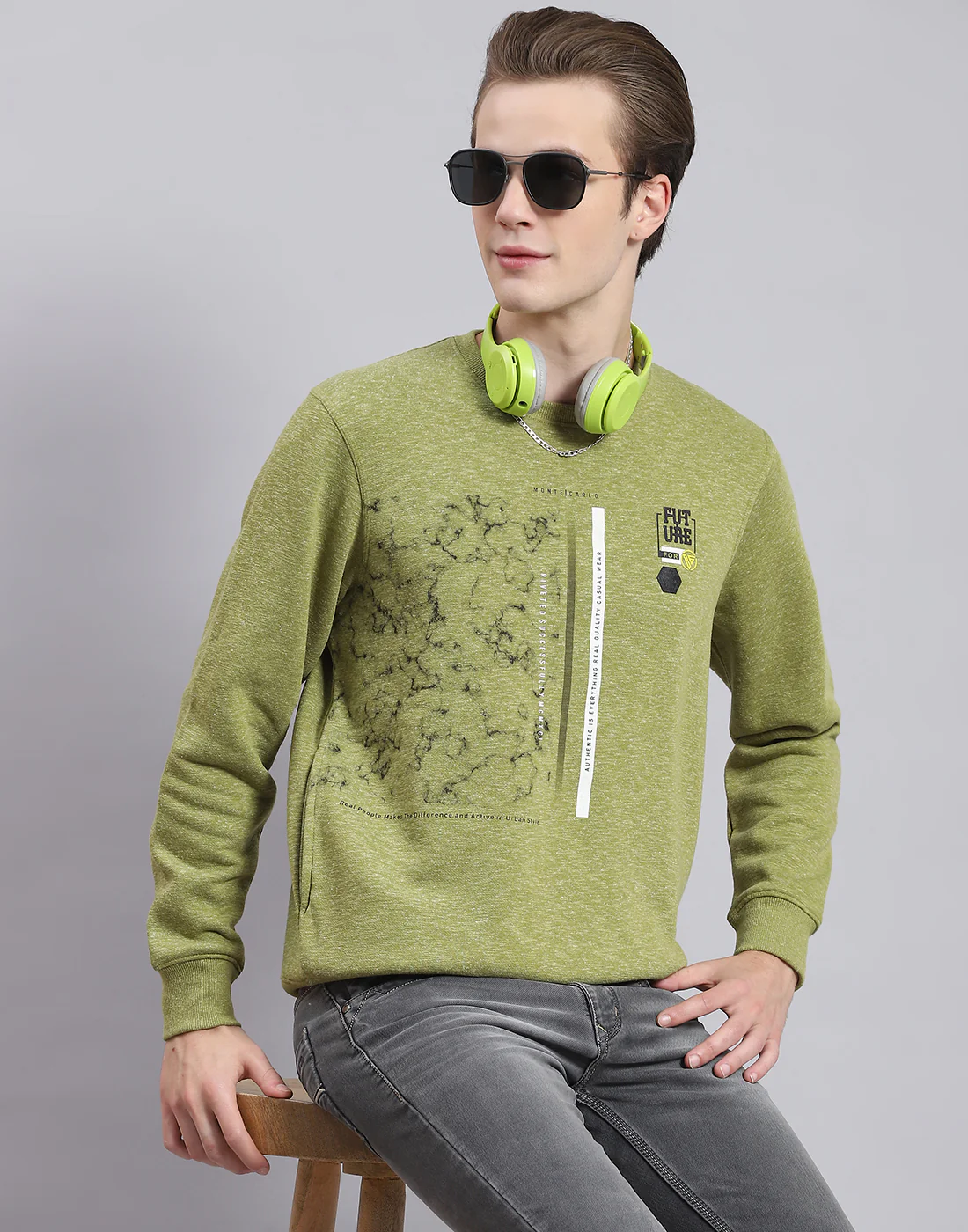 Men Green Printed Round Neck Full Sleeve Sweatshirt - Image 6