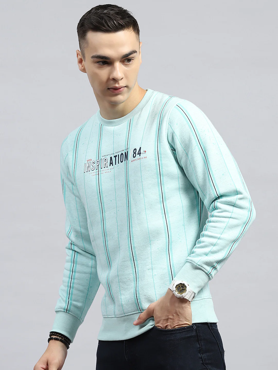 Men Green Printed Round Neck Full Sleeve Sweatshirt - Image 3
