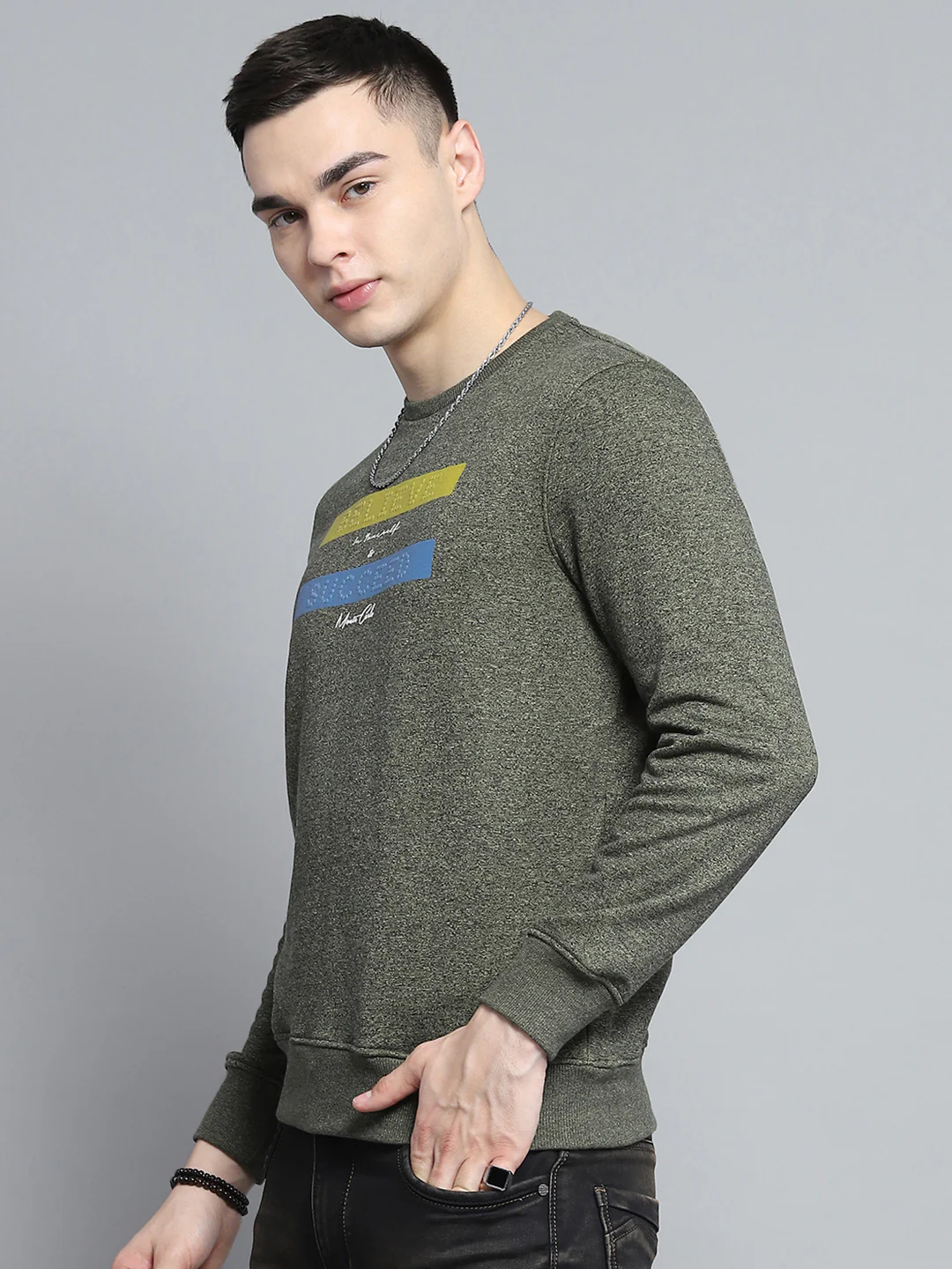 Men Green Printed Round Neck Full Sleeve Sweatshirt - Image 3