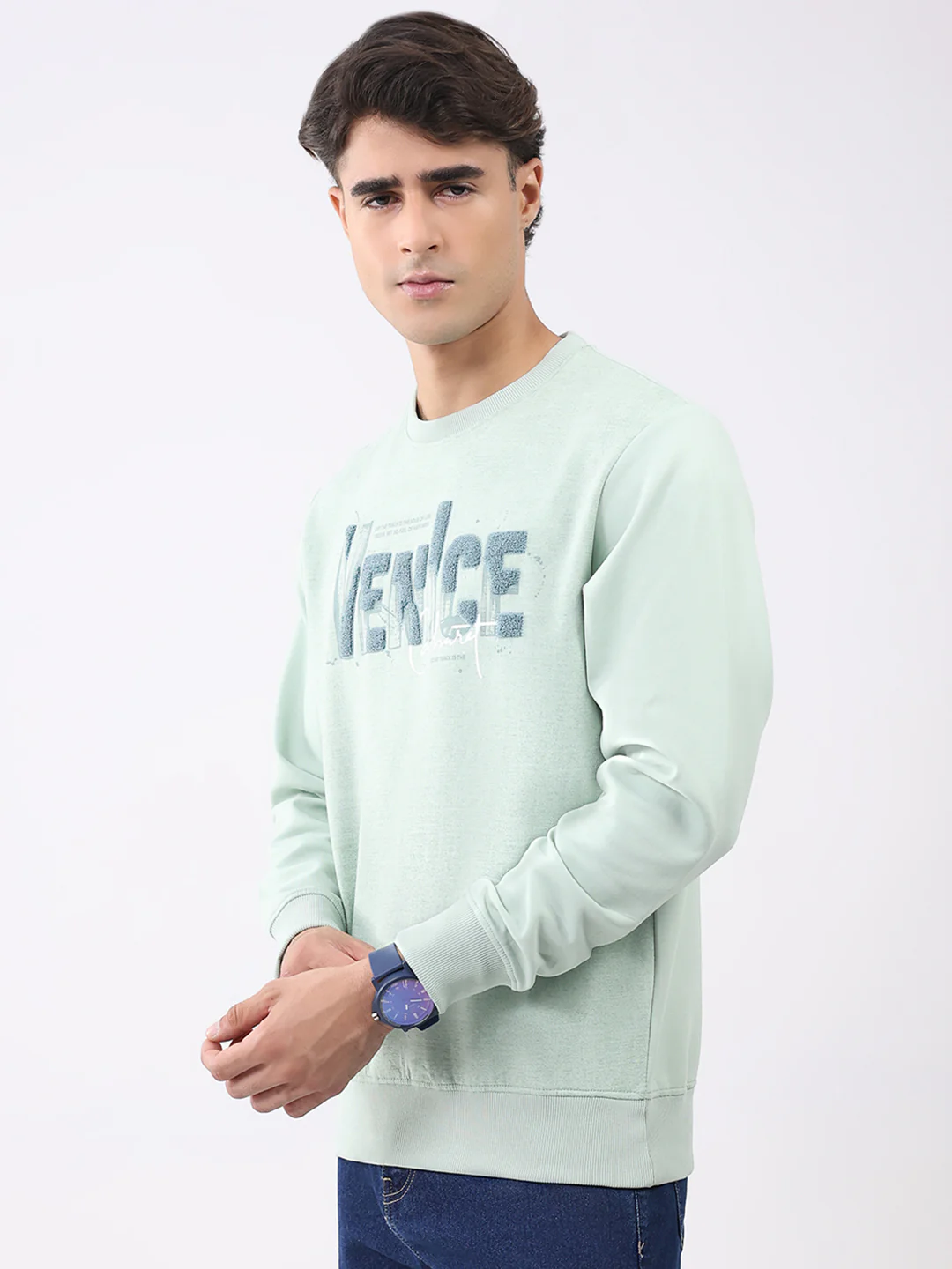 Men Green Printed Round Neck Full Sleeve Sweatshirt - Image 3