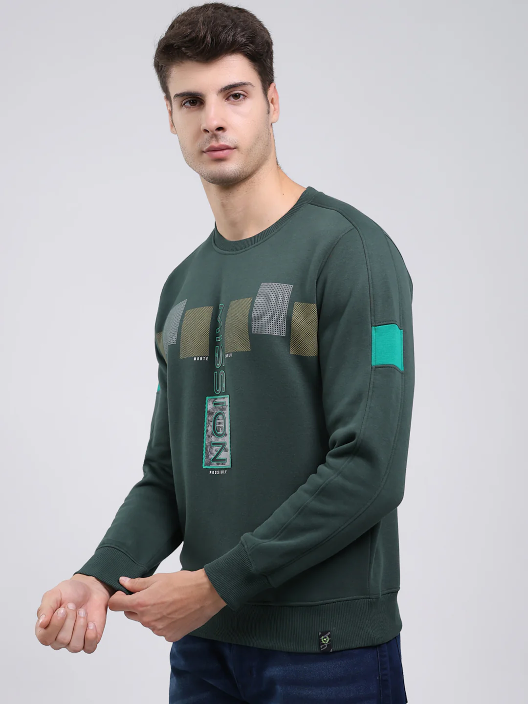 Men Green Printed Round Neck Full Sleeve Sweatshirt - Image 3