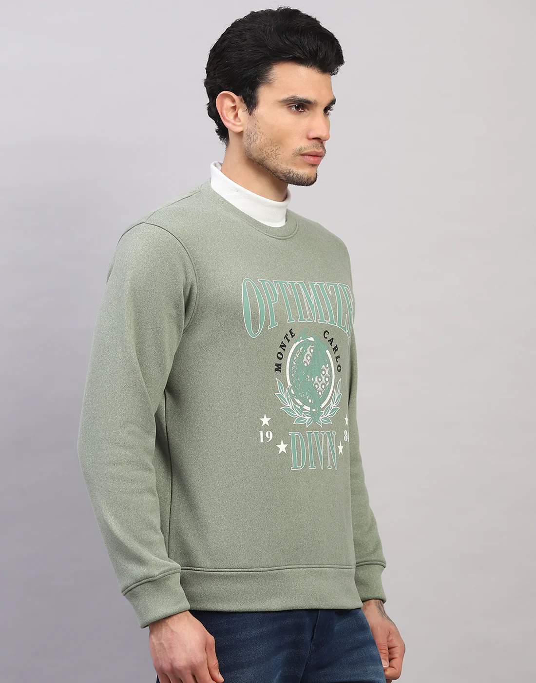Men Green Printed Round Neck Full Sleeve Sweatshirt - Image 3