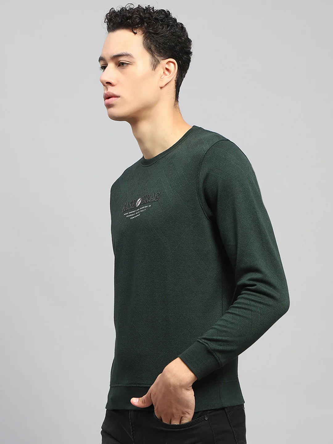 Men Green Printed Round Neck Full Sleeve Winter T-Shirt - Image 3