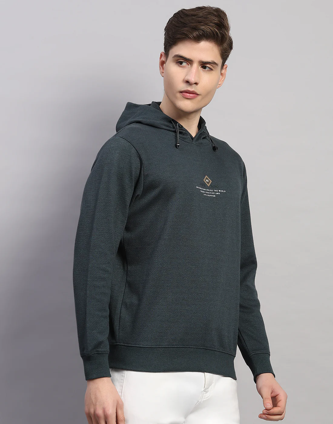 Men Green Printed Round Neck Full Sleeve Winter T-Shirt - Image 3