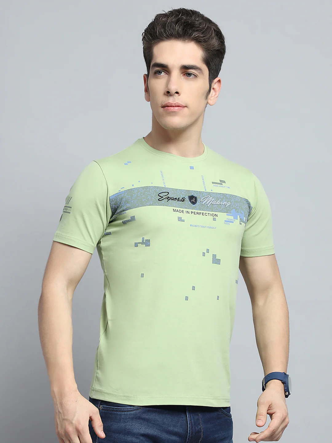 Men Green Printed Round Neck Half Sleeve T-Shirt - Image 4