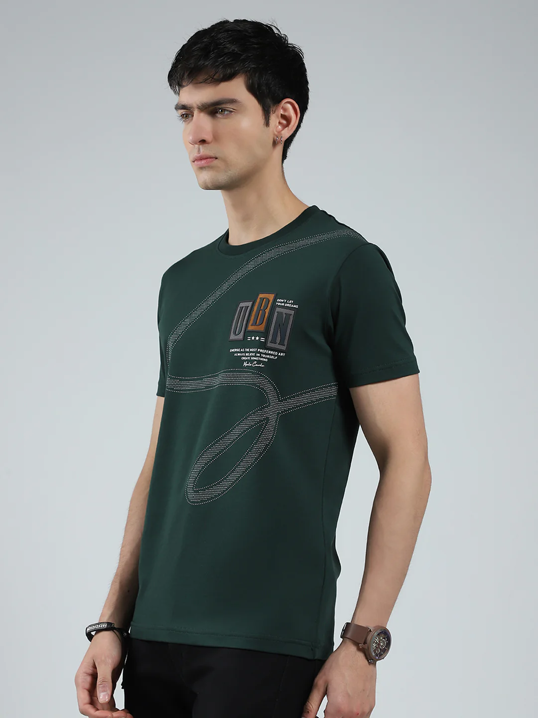 Men Green Printed Round Neck Half Sleeve T-Shirt - Image 3