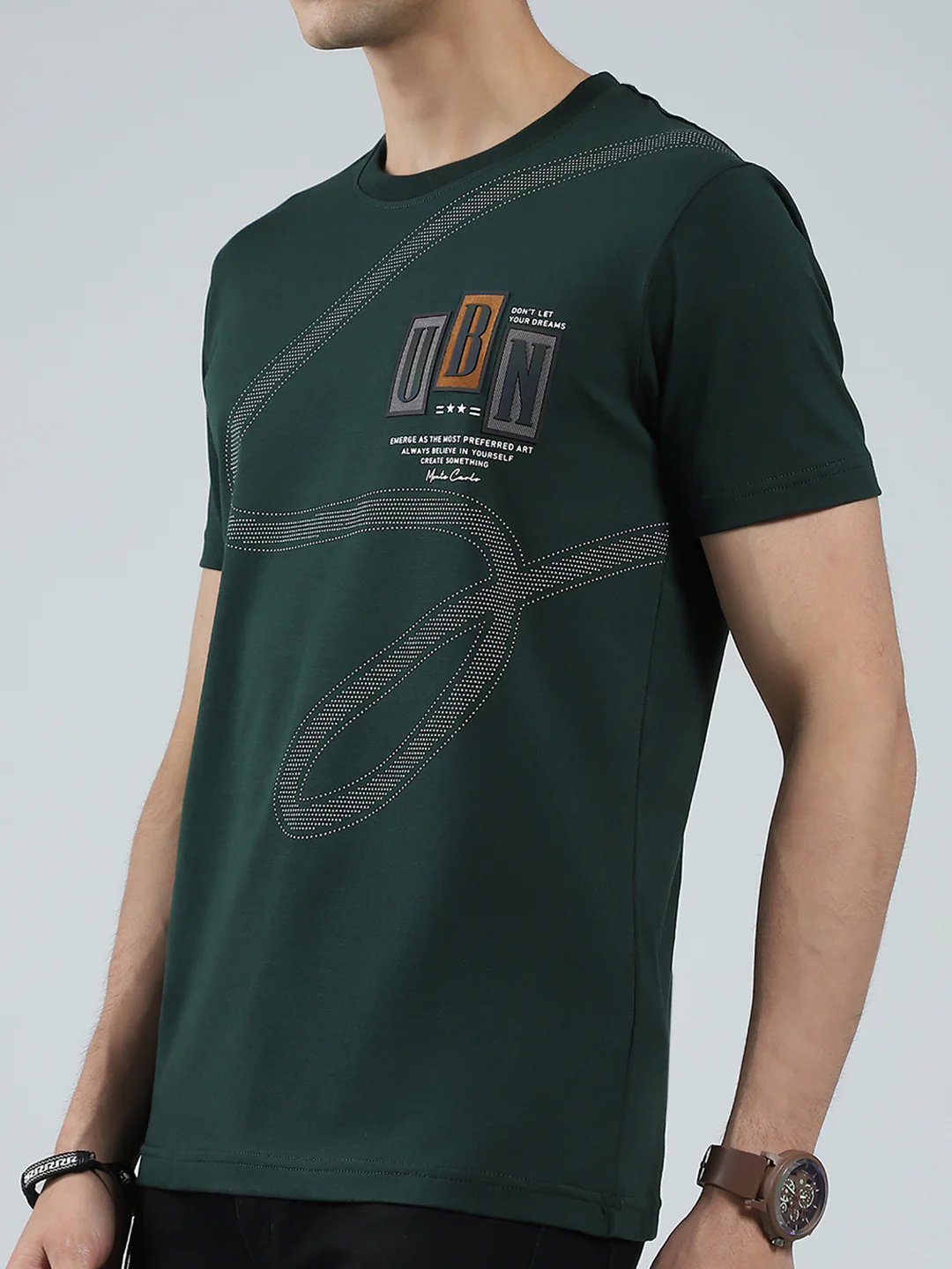 Men Green Printed Round Neck Half Sleeve T-Shirt - Image 7