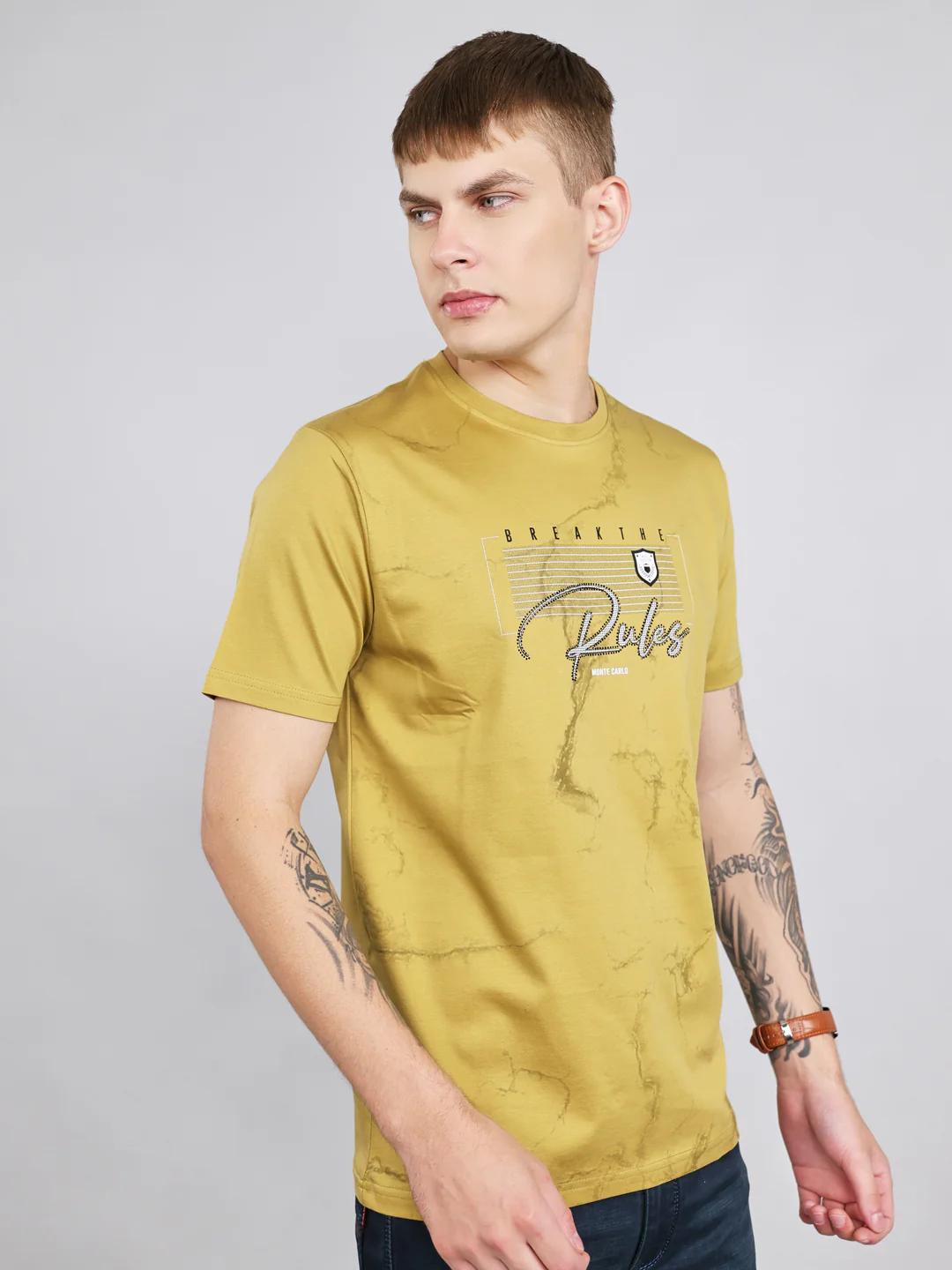 Men Green Printed Round Neck Half Sleeve T-Shirt - Image 3