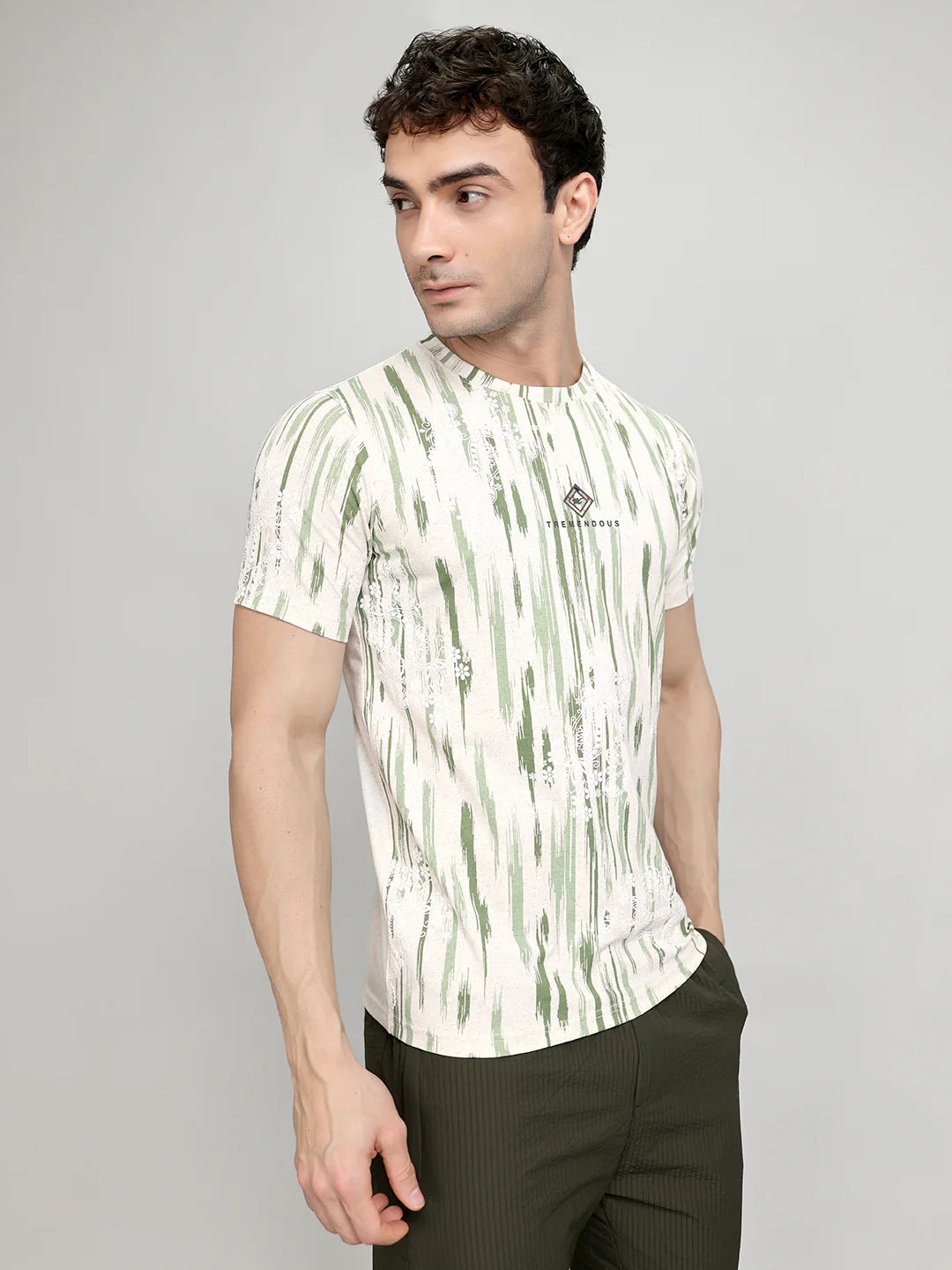 Men Green Printed Round Neck Half Sleeve T-Shirt - Image 3