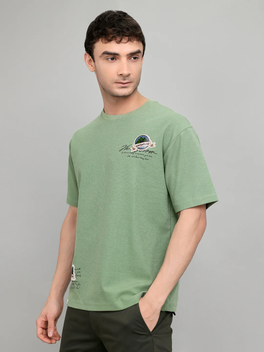 Men Green Printed Round Neck Half Sleeve T-Shirt - Image 2