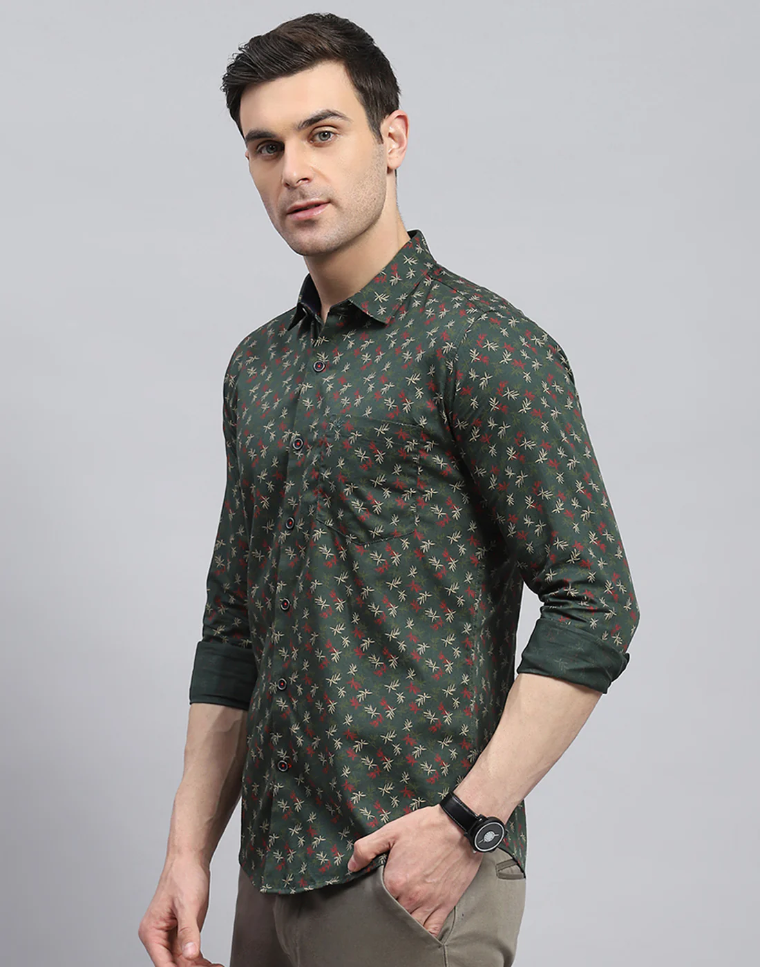 Men Green Printed Spread Collar Full Sleeve Shirt - Image 3