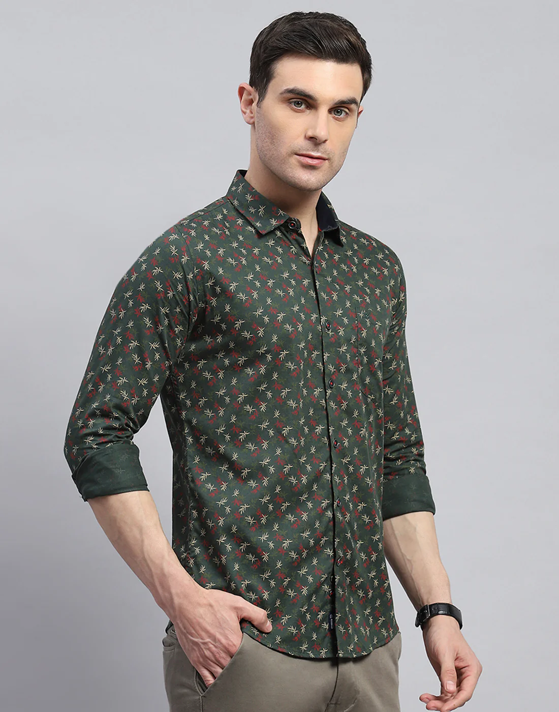 Men Green Printed Spread Collar Full Sleeve Shirt - Image 4