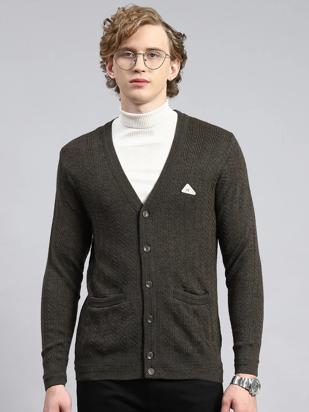 Men Green Self Cardigan - Image 2