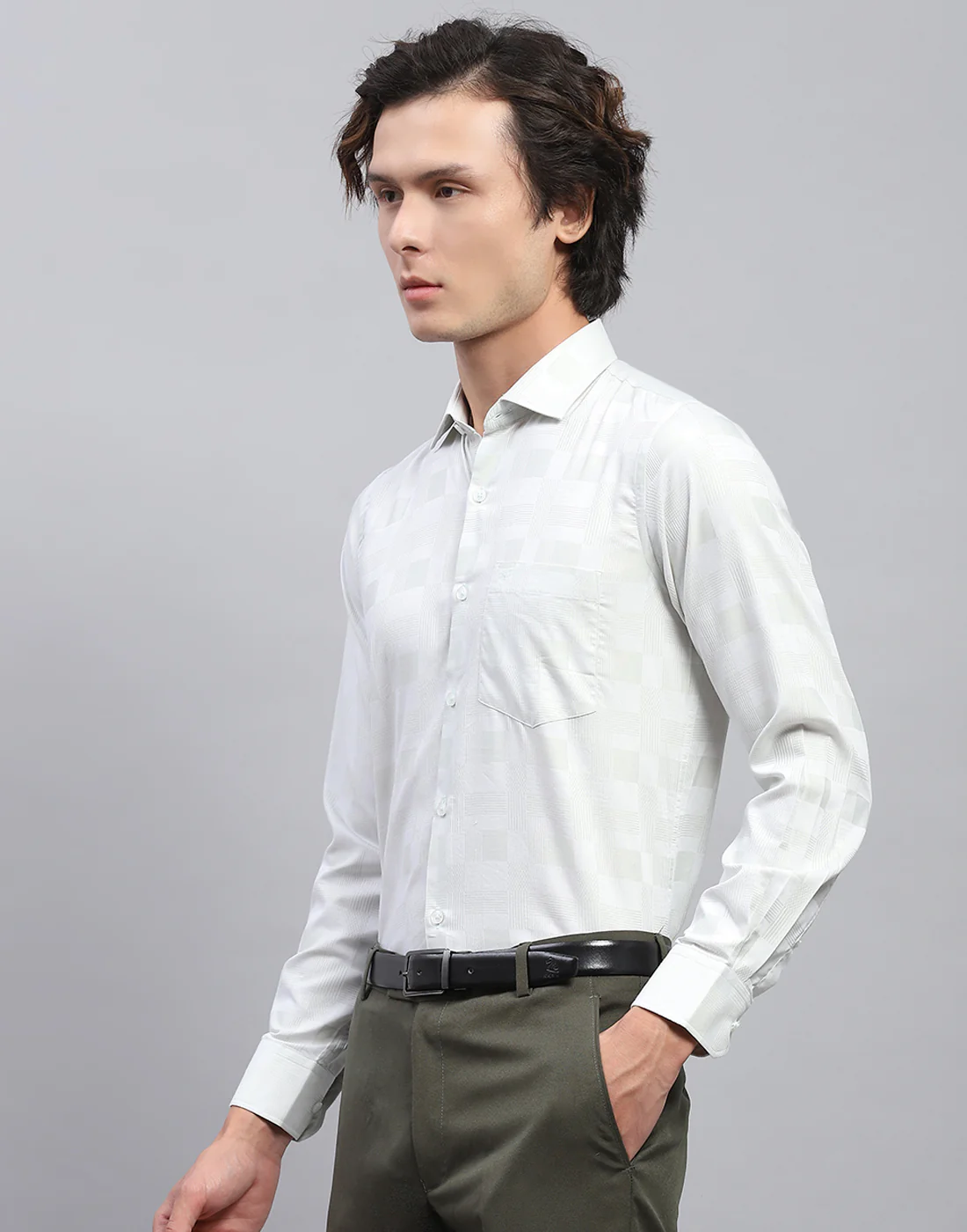 Men Green Self Design Collar Full Sleeve Shirt - Image 3