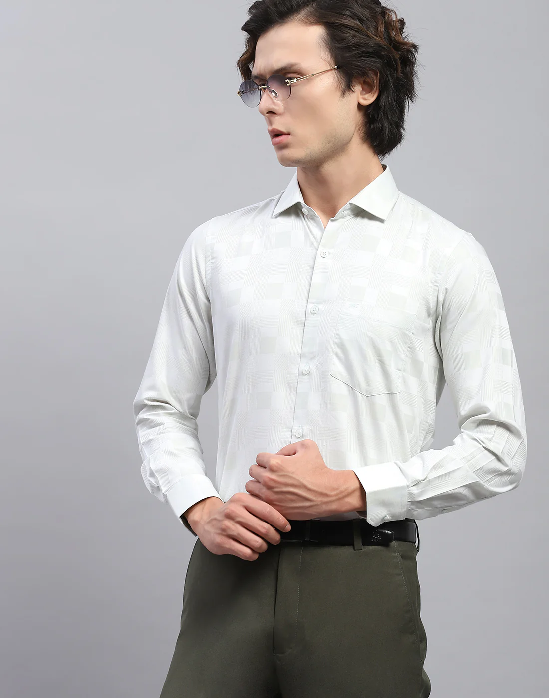 Men Green Self Design Collar Full Sleeve Shirt - Image 6