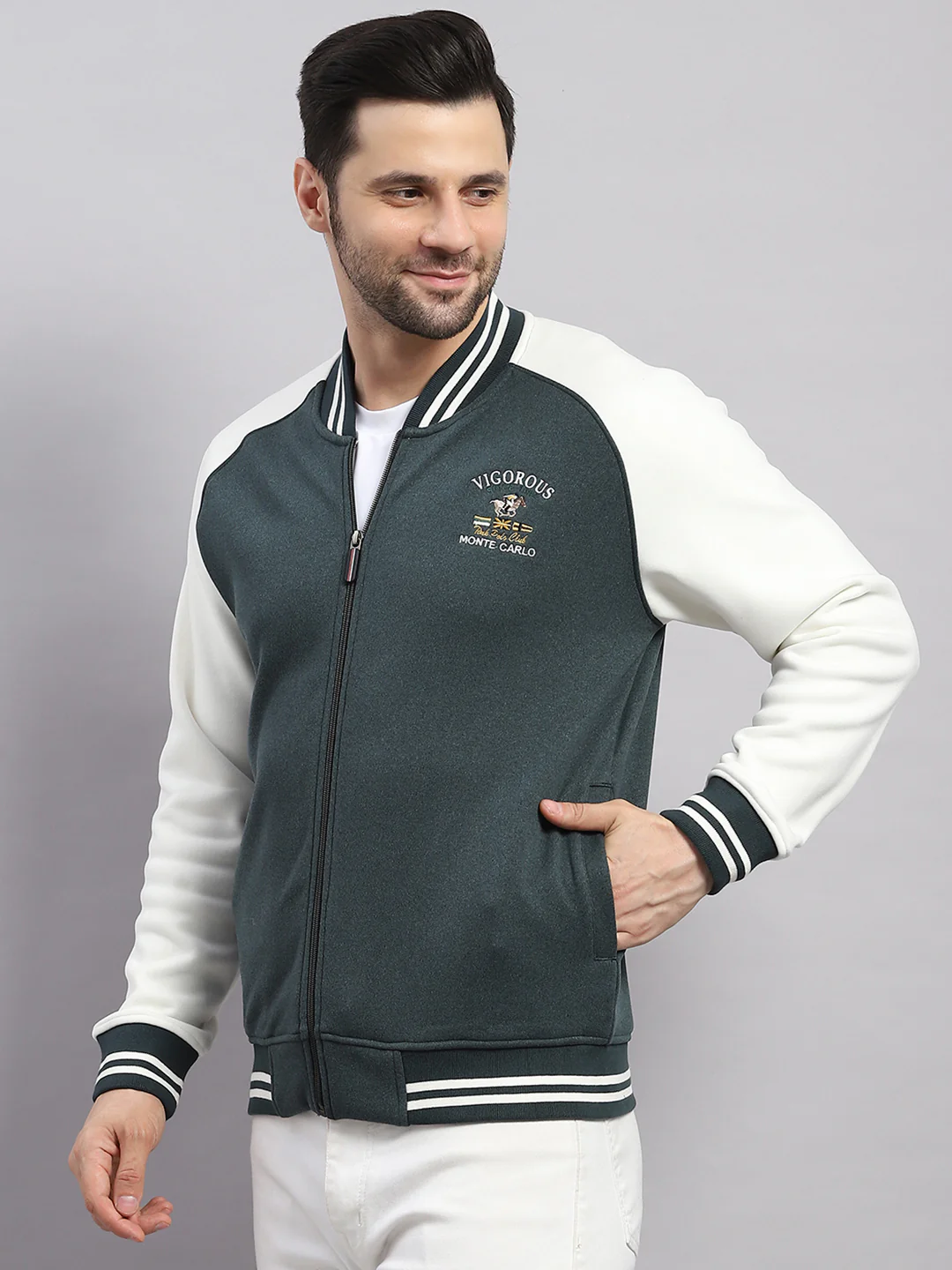 Men Green Self Design Collar Full Sleeve Sweatshirt Varsity Collection - Image 3