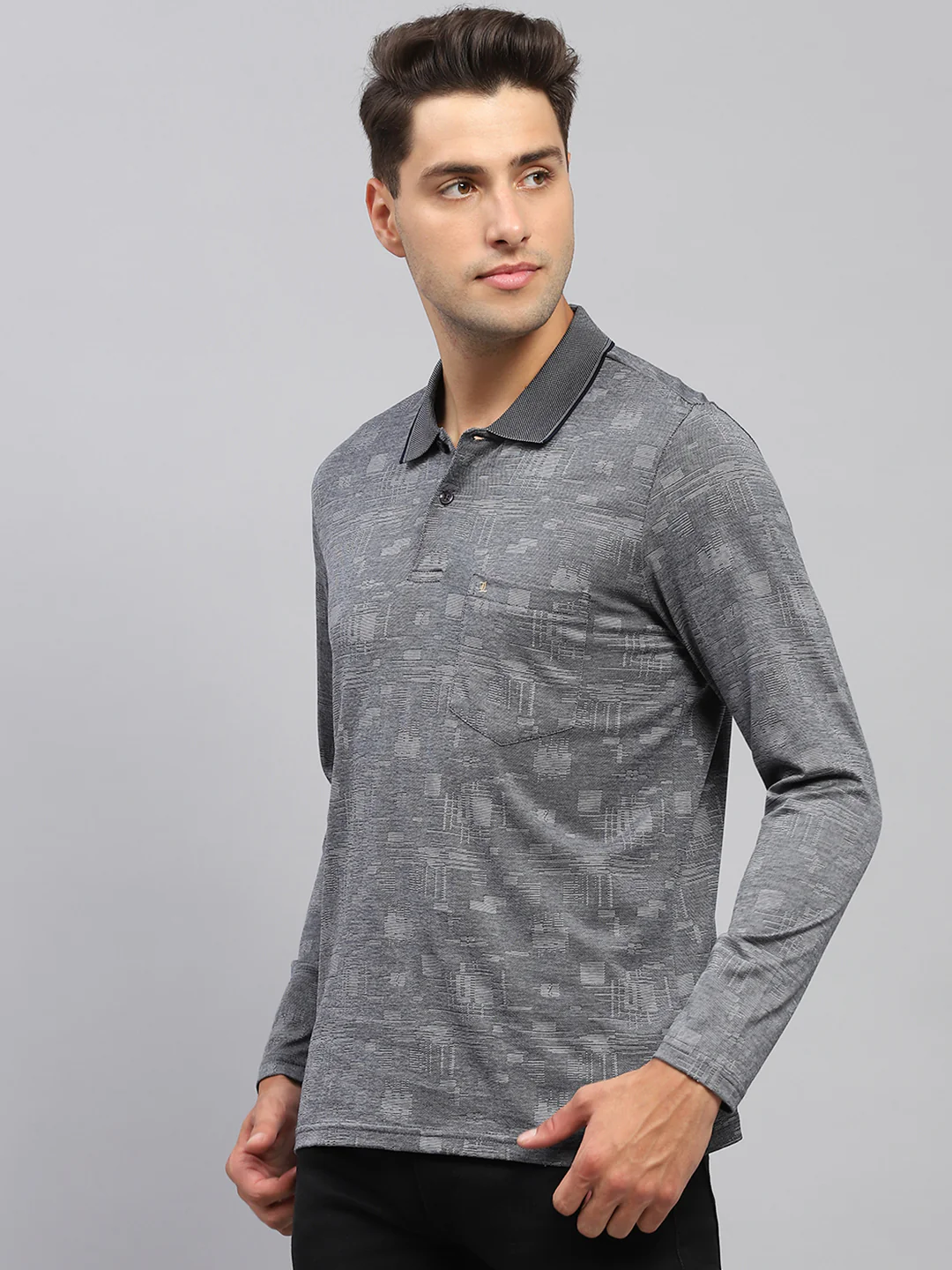 Men Green Self Design Collar Full Sleeve Winter T-Shirt - Image 3