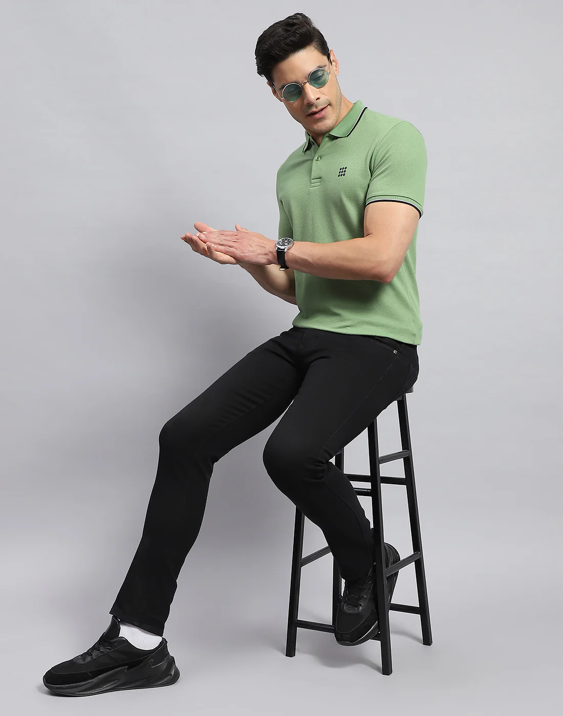 Rock.it Men Green Self Design Collar Half Sleeve T-Shirt - Image 2