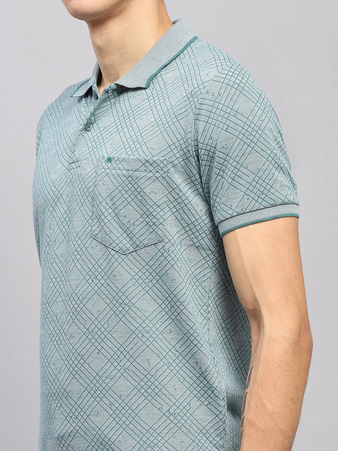 Men Green Self Design Collar Half Sleeve T-Shirt - Image 6