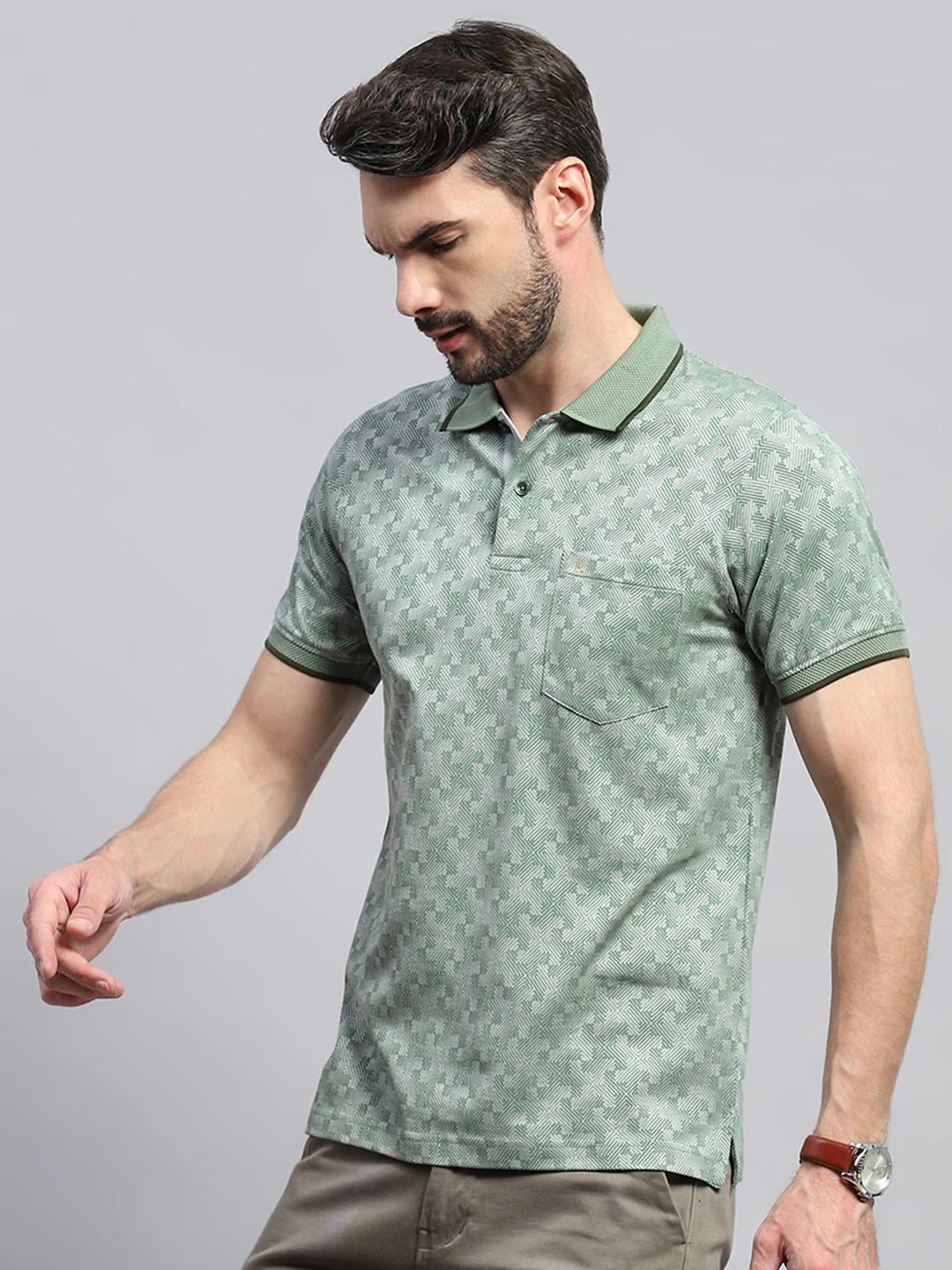 Men Green Self Design Collar Half Sleeve T-Shirt - Image 3