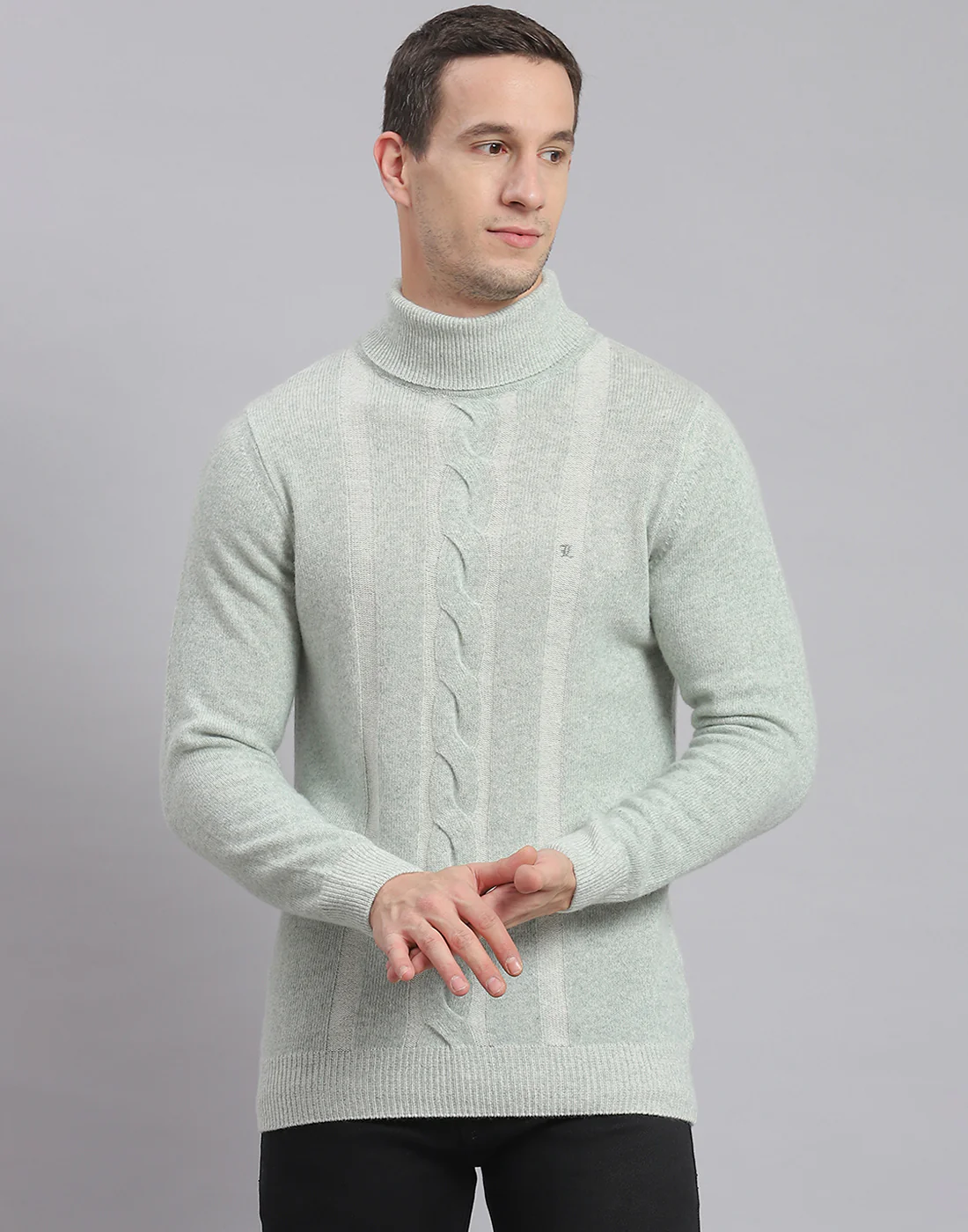 Men Green Self Design H Neck Full Sleeve Sweater - Image 2