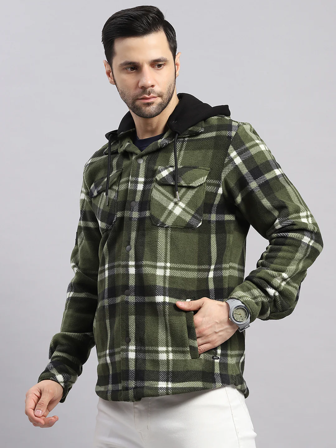 Men Green Self Design Hooded Extra-Warm Full Sleeve Shacket - Image 3