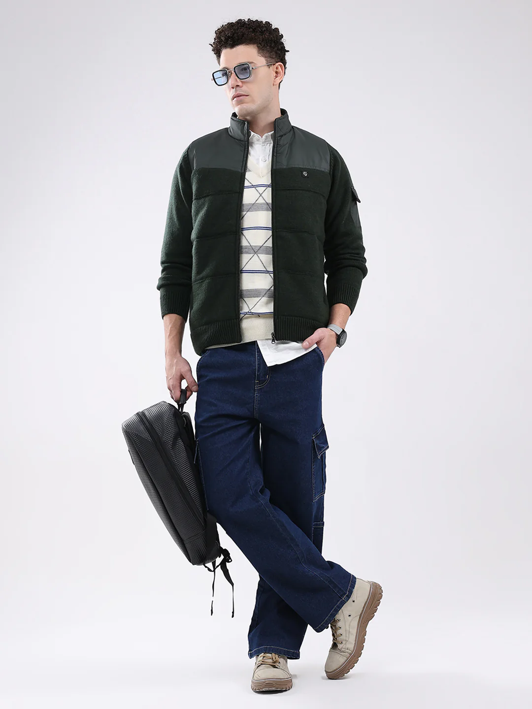 Men Green Self Design Mock Neck Full Sleeve Jacket - Image 2