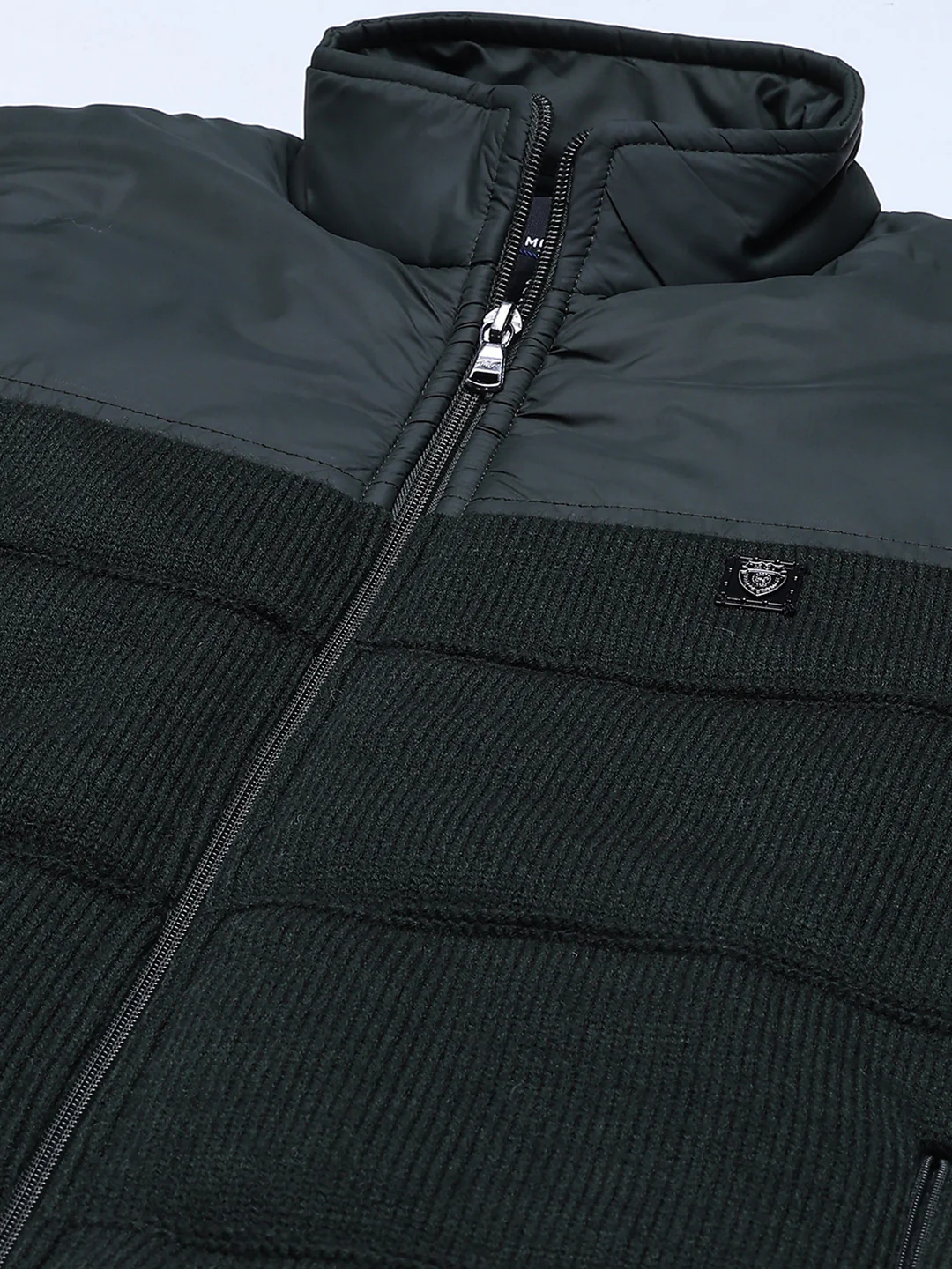 Men Green Self Design Mock Neck Full Sleeve Jacket - Image 7