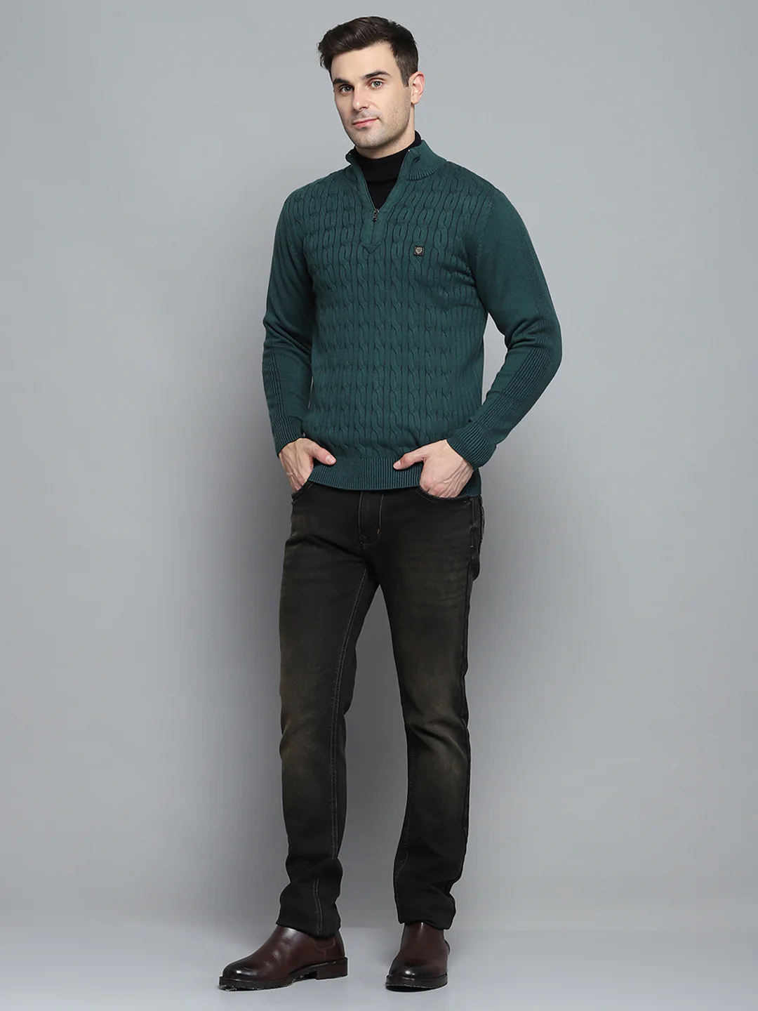 Men Green Self Design Mock Neck Full Sleeve Pullover - Image 2