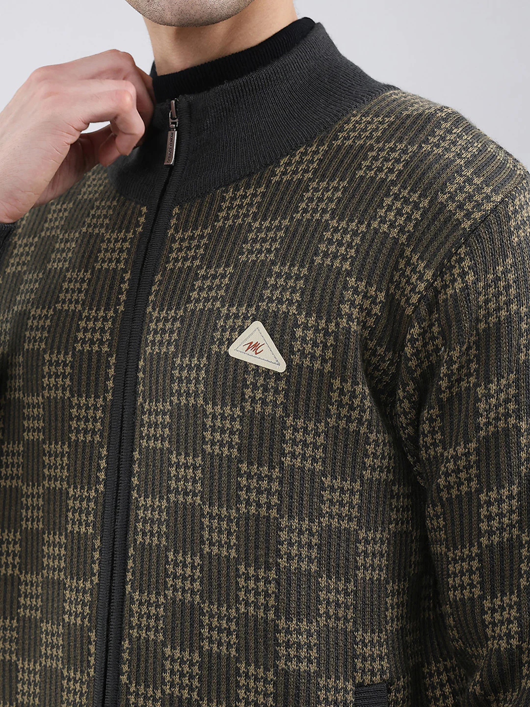 Men Green Self Design Mock Neck Full Sleeve Pullover - Image 7