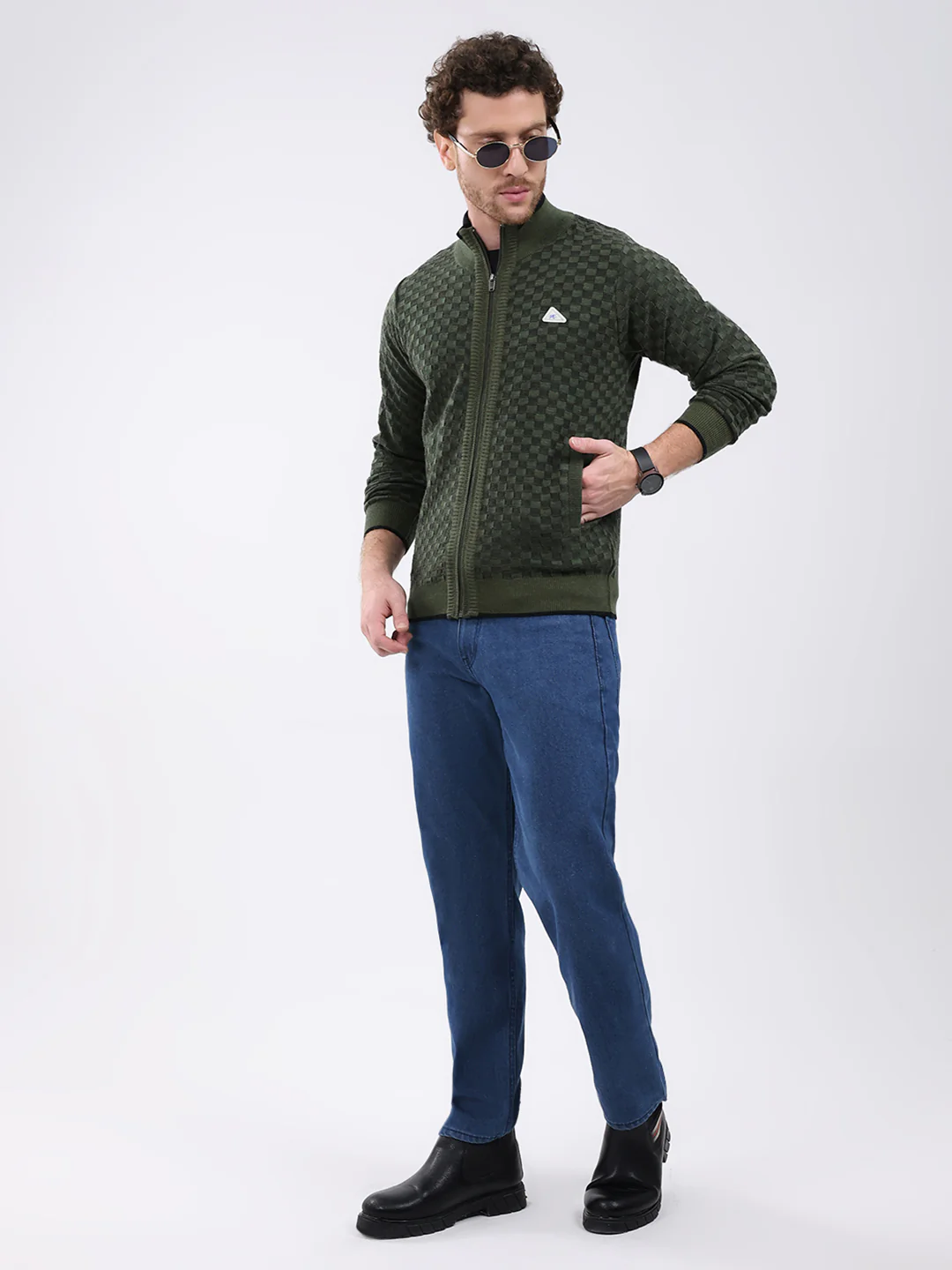 Men Green Self Design Mock Neck Full Sleeve Pullover - Image 2