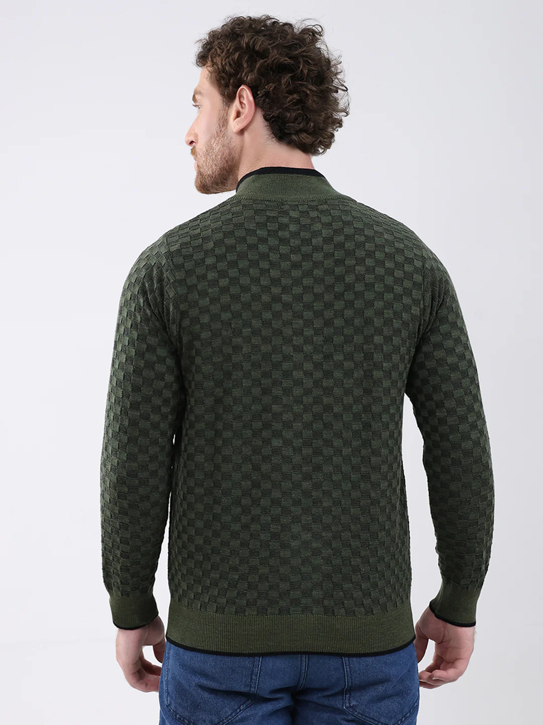 Men Green Self Design Mock Neck Full Sleeve Pullover - Image 5