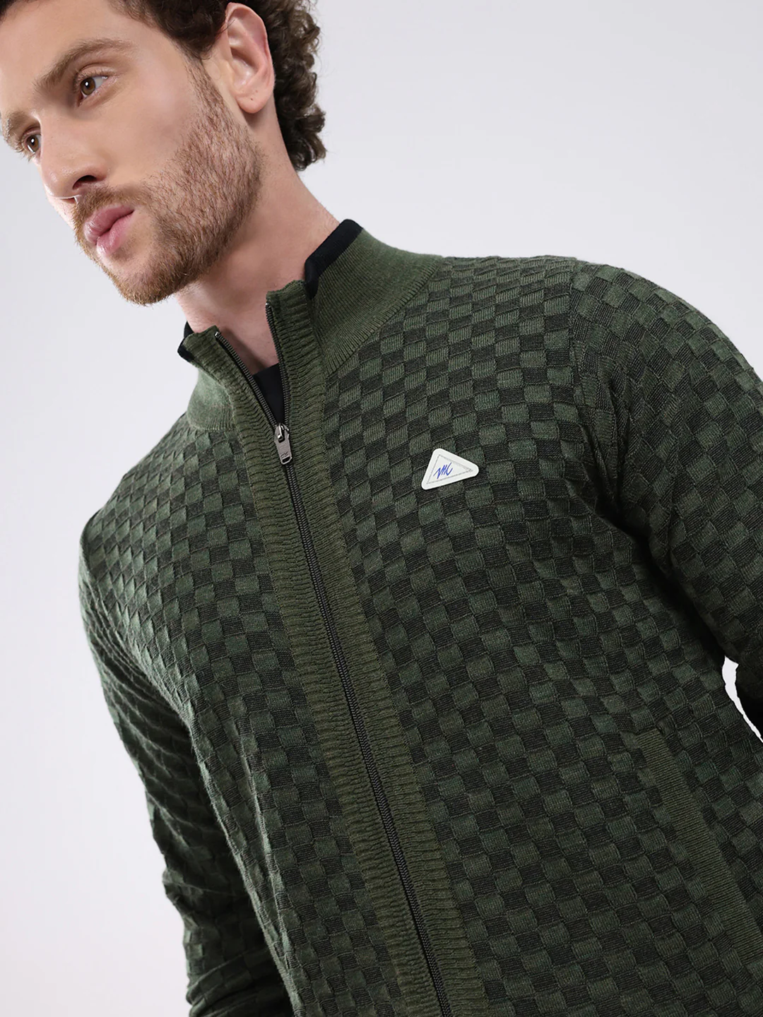 Men Green Self Design Mock Neck Full Sleeve Pullover - Image 6